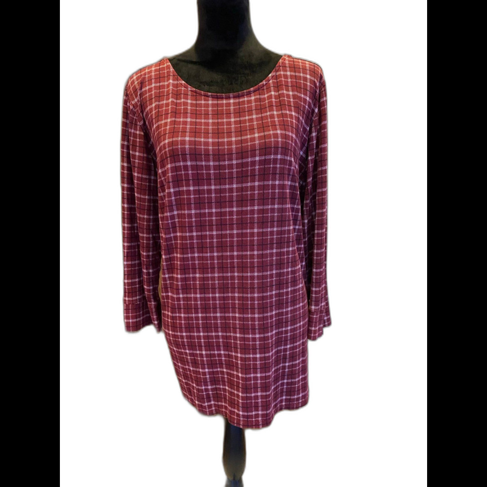 Liz Claiborne Blouse Womens Plus Size‎ XL Top Burgundy Plaid Gold Button Cuffs